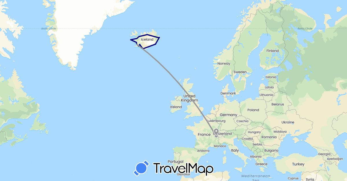 TravelMap itinerary: driving, plane in Switzerland, Iceland (Europe)
