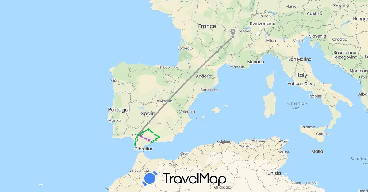 TravelMap itinerary: driving, bus, plane, train in Spain, France (Europe)