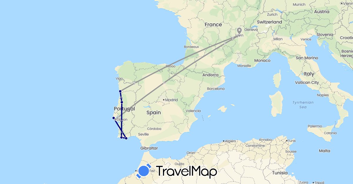 TravelMap itinerary: driving, plane in France, Portugal (Europe)