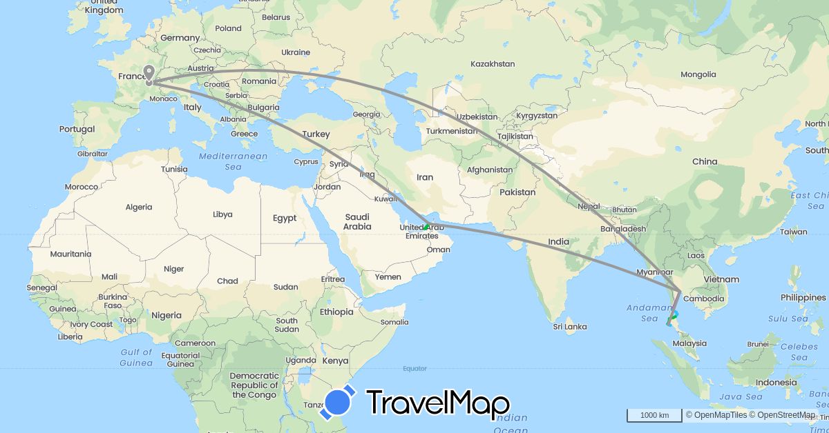 TravelMap itinerary: driving, bus, plane, train, boat in United Arab Emirates, France, Thailand (Asia, Europe)