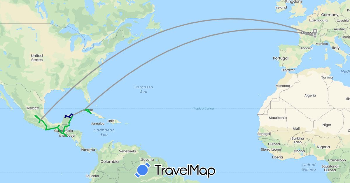 TravelMap itinerary: driving, bus, plane, boat in Belize, Cuba, France, Guatemala, Mexico, El Salvador (Europe, North America)