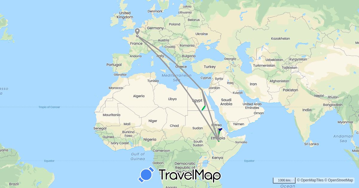TravelMap itinerary: driving, bus, plane, train in Egypt, Ethiopia, France (Africa, Europe)
