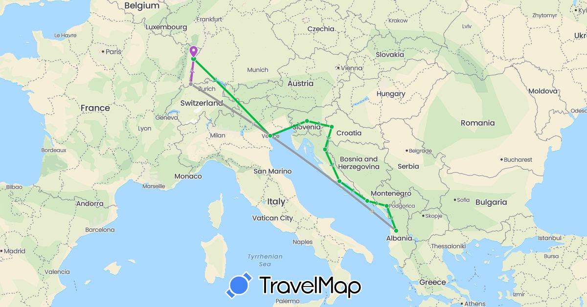 TravelMap itinerary: driving, bus, plane, train in Albania, Switzerland, France, Croatia, Italy, Montenegro, Slovenia (Europe)
