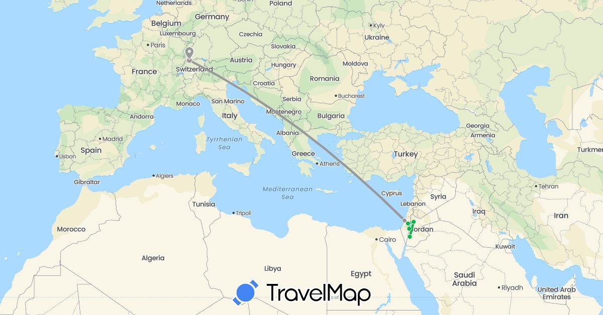 TravelMap itinerary: driving, bus, plane in Switzerland, Israel, Jordan (Asia, Europe)