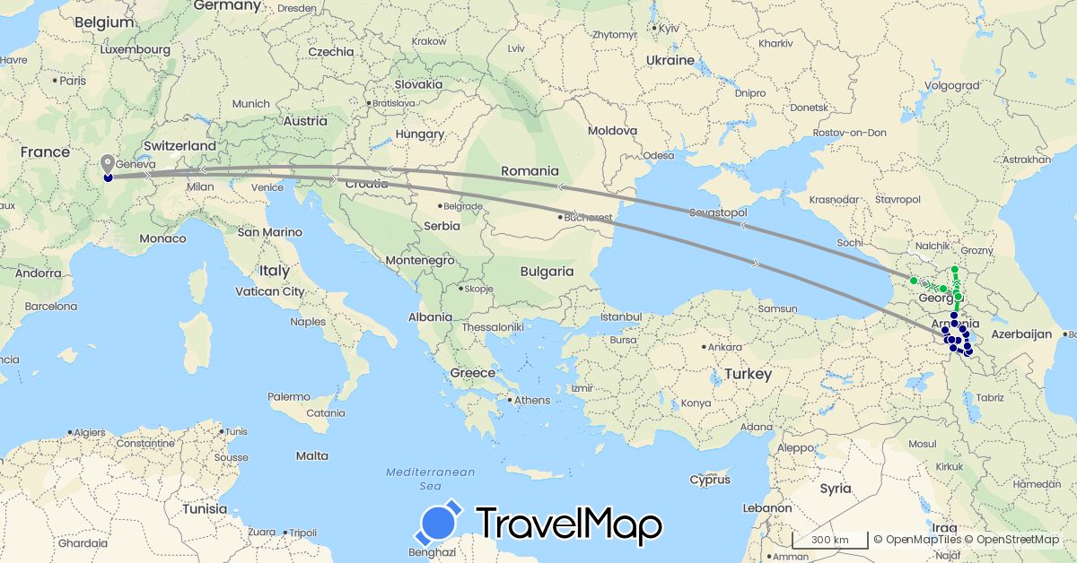 TravelMap itinerary: driving, bus, plane in Armenia, France, Georgia (Asia, Europe)